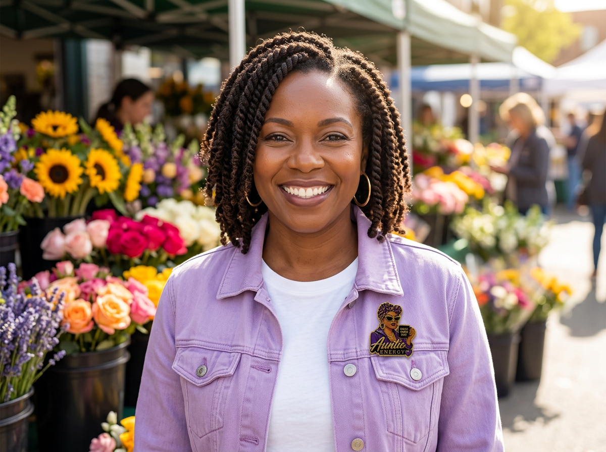 Black woman wearing a small Auntie Energy pin on a lavender denim jacket at a flower market