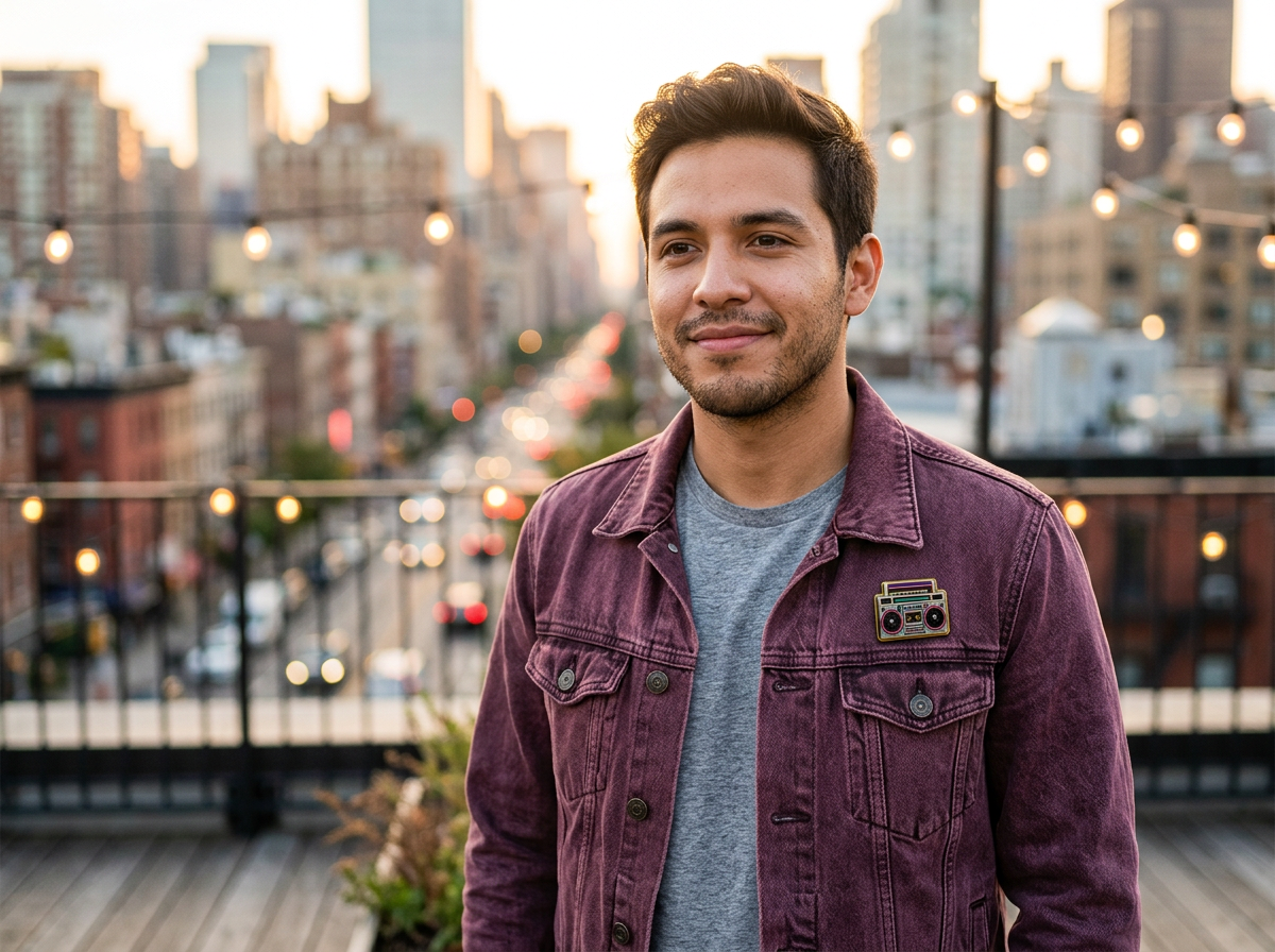 Small PinME Boombox enamel pin on a plum denim jacket and gray T-shirt on a city rooftop terrace