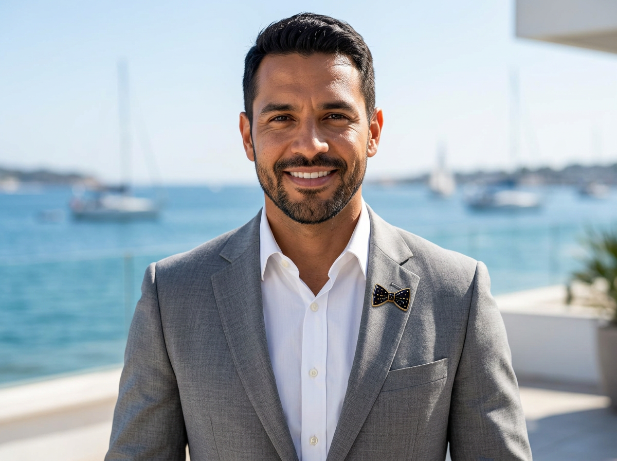 Latino man wearing a small Bow Tie enamel pin on a light gray suit jacket at a waterfront terrace