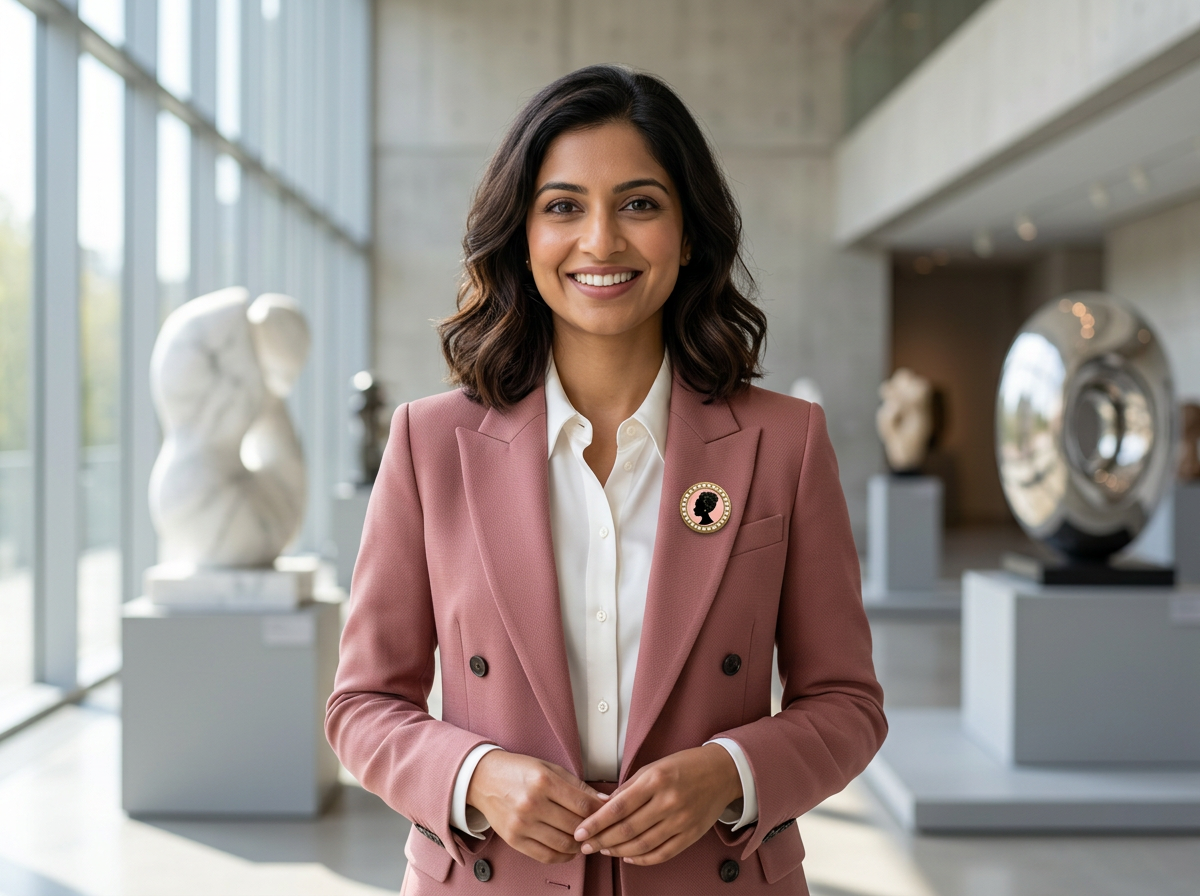 South Asian woman wearing a small pearl-bordered Grace in Action pin on a dusty rose suit jacket in a sculpture museum