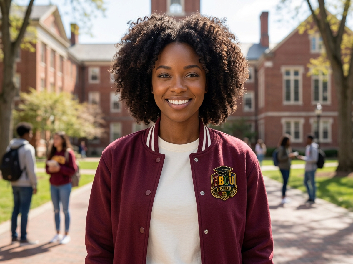 Black woman wearing a small HBCU Pride pin on a burgundy varsity jacket on a university campus
