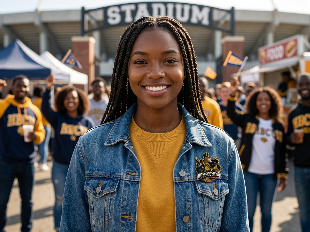 Black woman wearing a small Homecoming Season pin on a blue denim jacket at an outdoor homecoming gathering