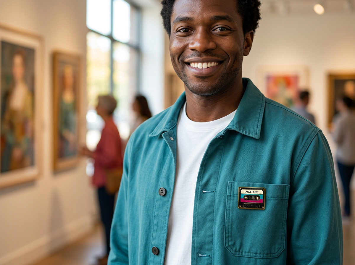 Small PinME Mixtape enamel pin on a casual teal chore jacket and white T-shirt in a sunlit art gallery