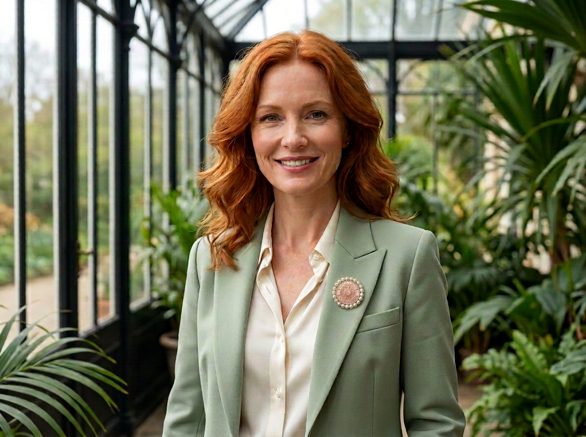 Red-haired woman wearing a small pearl-edged Pearls of Purpose pin on a sage blazer in a glass conservatory
