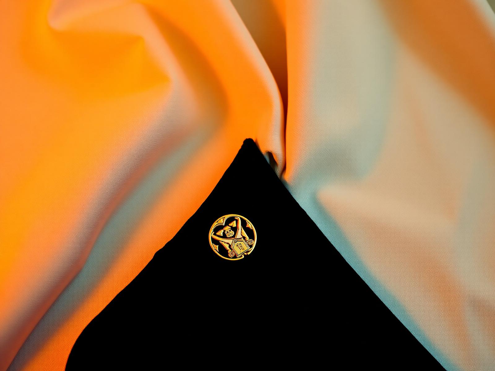 Premium gold enamel lapel pin on a black wool blazer