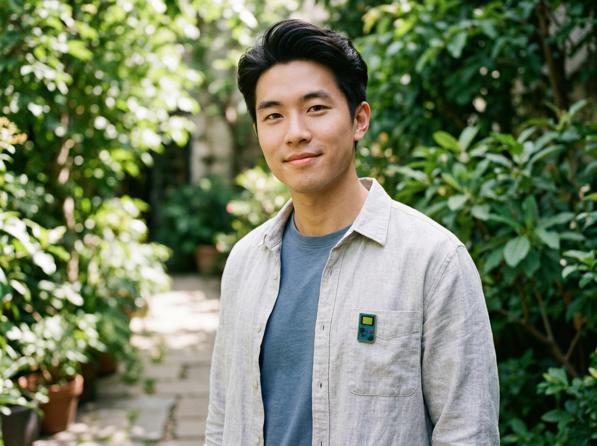 Small PinME Portable Game enamel pin on a light-gray overshirt and blue T-shirt in a garden courtyard