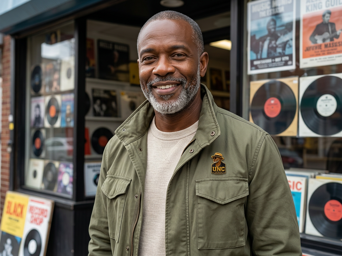 Mature Black man wearing a small Unc Status pin on an olive field jacket outside a neighborhood record shop